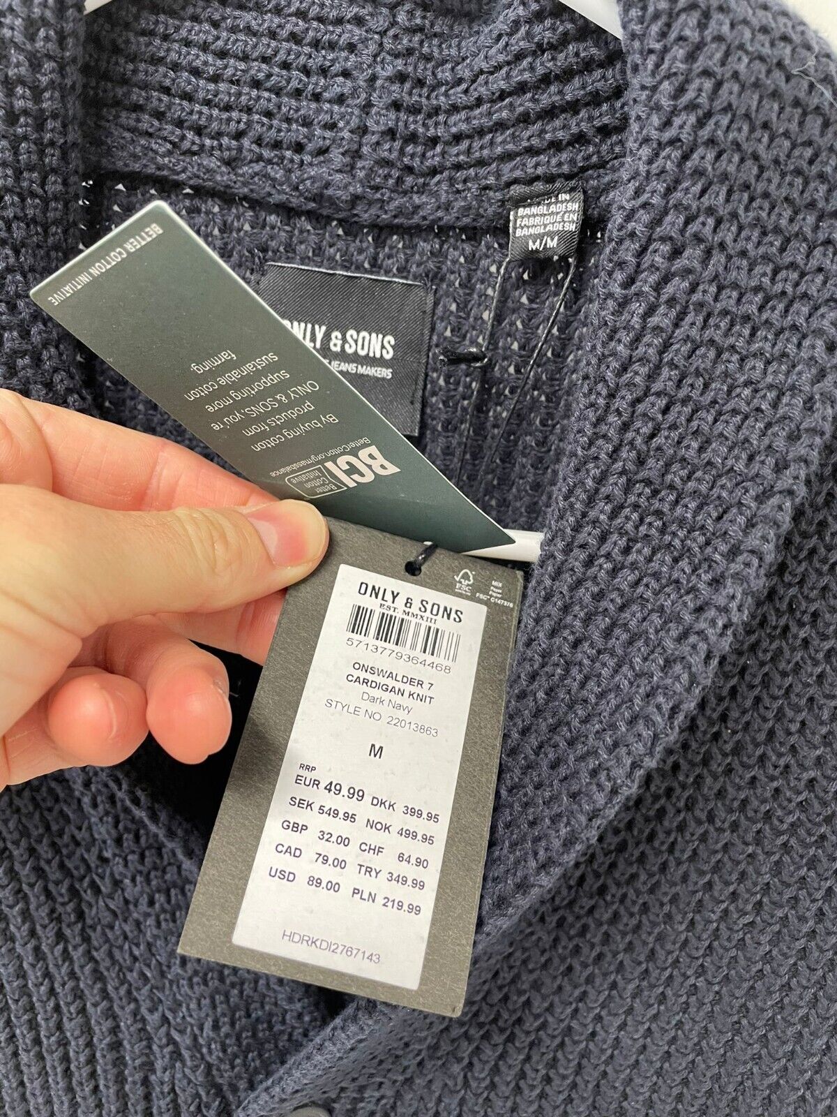 Only & Sons Mens M ASOS Onswalder Knit Cardigan Tipped Shawl Collar Sweater Navy