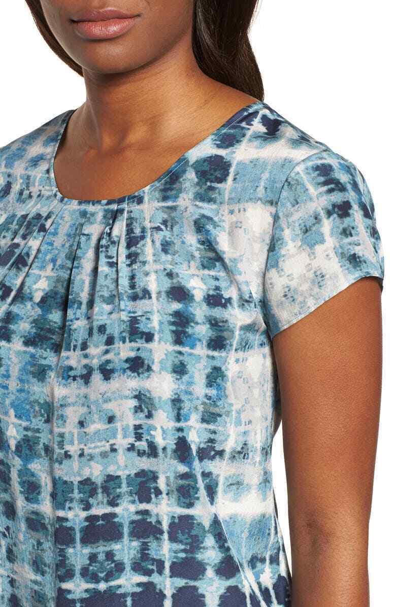 Nic + Zoe Womens XS Blue Looking Glass Top Pleated Short Sleeve Blouse Silk
