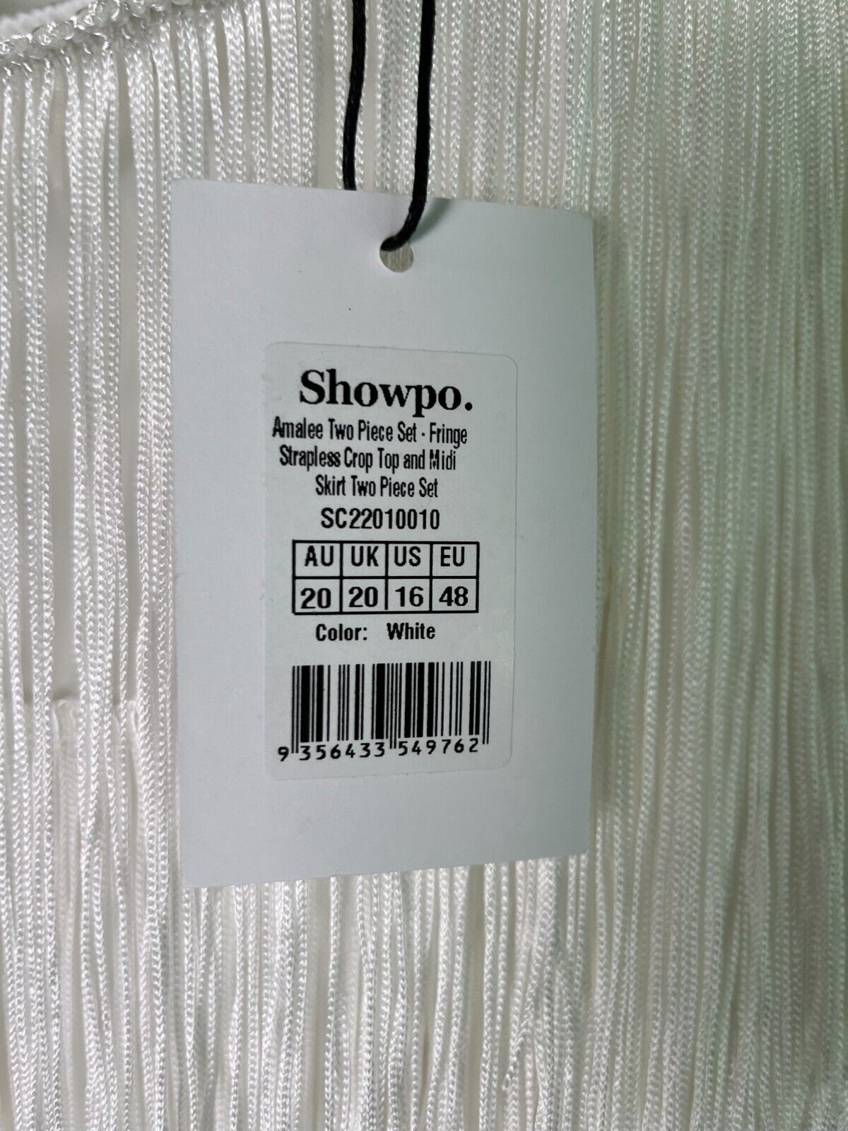ShowPo Women's 16 Amalee Two-Piece Fringe Strapless Cop Top Midi Skirt Set White