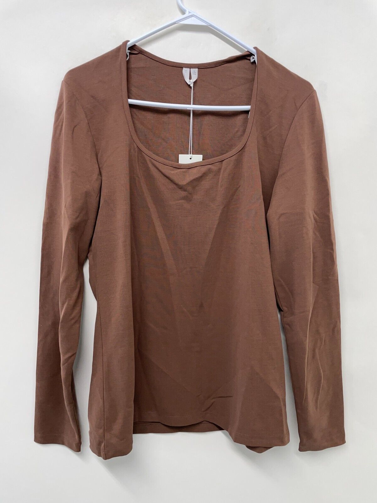Arket Womens L Long Sleeve Top Dark Brown Scoop Neck Strechy 0952786-003