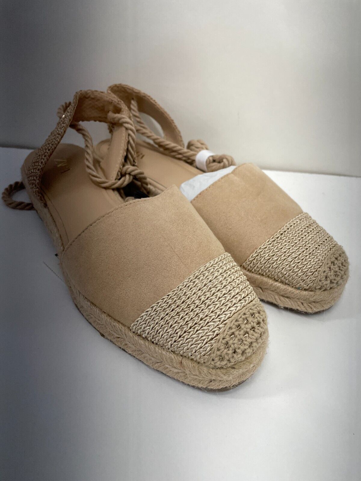 Zara Womens 7.5 Mixed Lace-Up Espadrilles Sandals Tan Round Toe 2511/110/202