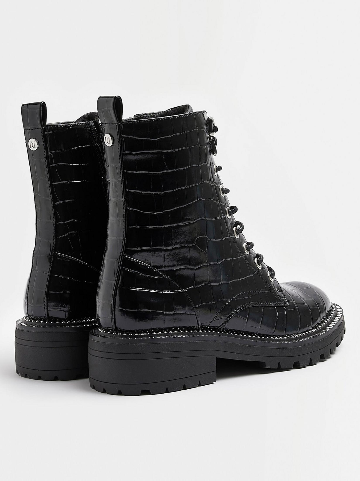 River Island Womens 6 Wide Fit Silver Rand Lace Up Boot Black Aliigator Biker