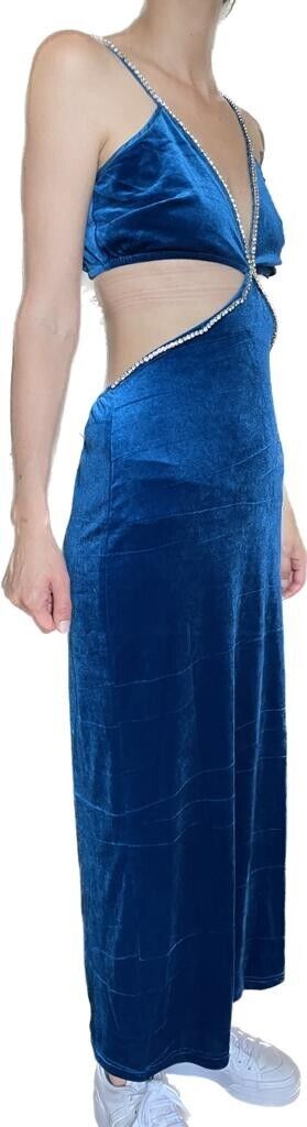 Nasty Gal Womens 6 Velvet Diamante Trim Cut Out Midi Dress Blue High Slit Party