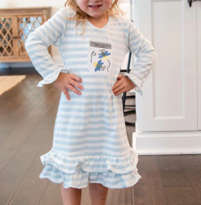 Stitchy Fish Kids Girls 6 Lightning Bug Lantern Dress Blue Striped Ruffled Hem