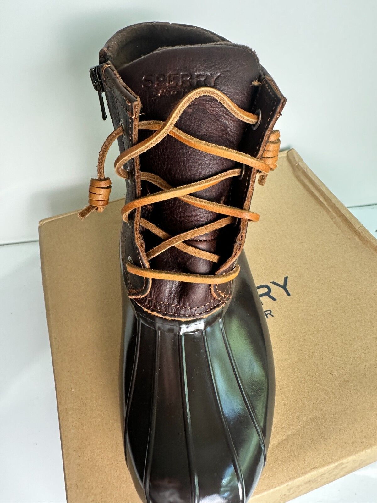 Sperry Women's 7M Saltwater Duck Boots Rubber Leather Tan Dark Brown STS91176