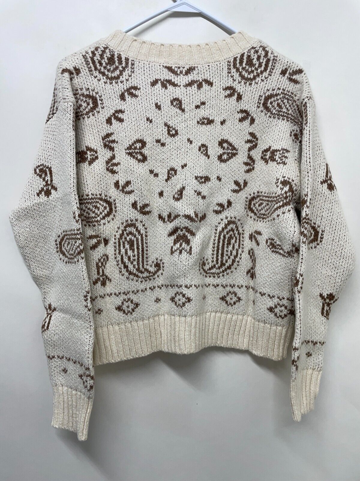American Eagle Womens S Cropped Bandana Print Cardigan Cream Knitted Paisley