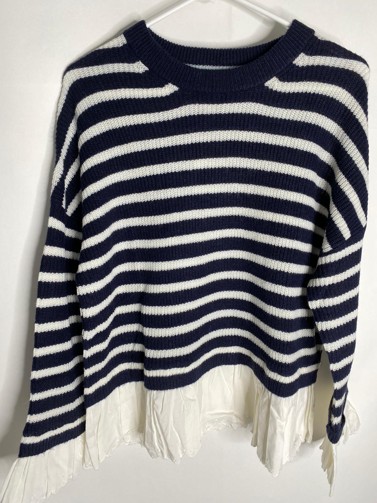 Boden Womens 10 Navy White K0486 Catherine Woven Fluffy Sweater Striped Broderie