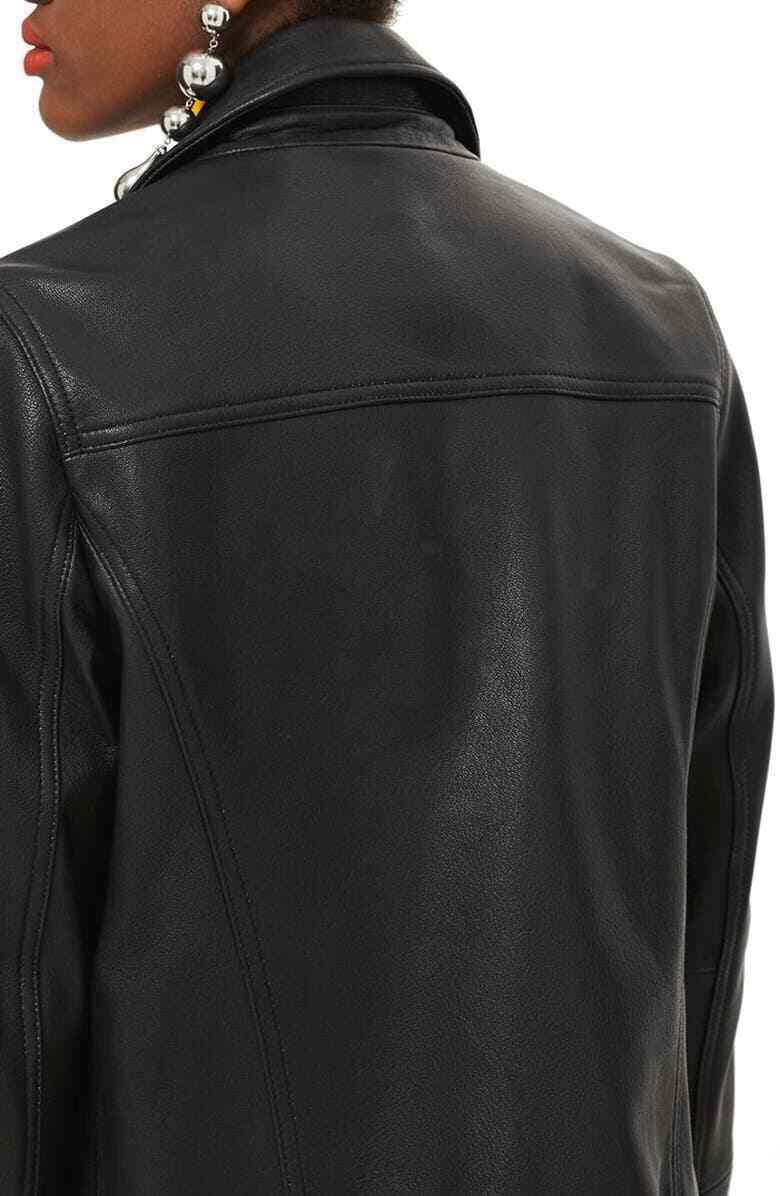 Topshop Womens 4 Black Dolly Leather Biker Jacket Moto Zip Up NWT
