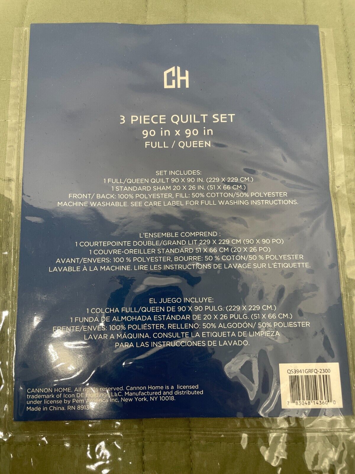Cannon Home Full/Queen 3pc Heritage Solid Quilt & Sham Set Green QS3941GRFQ-2300