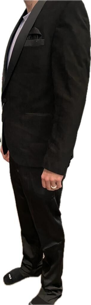 Baggi Mens 44R Black Shawl Collar Velvet 3 Piece Suit Sparkle Satin Sal Yaka