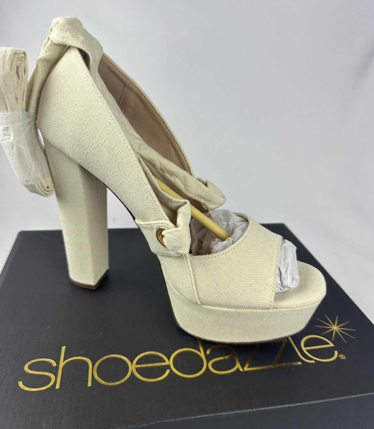 ShoeDazzle Womens 9 Takkara Natural Linen Platform Block Heels Open Toe