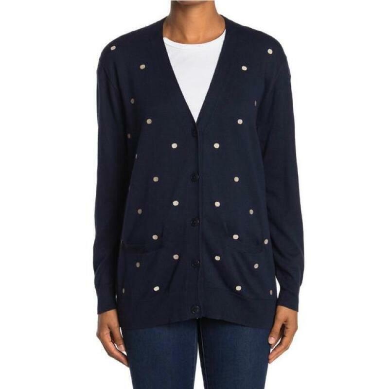 J Crew Womens XXS Navy Polka Dot Polka Dot Boyfriend Cardigan Sweater