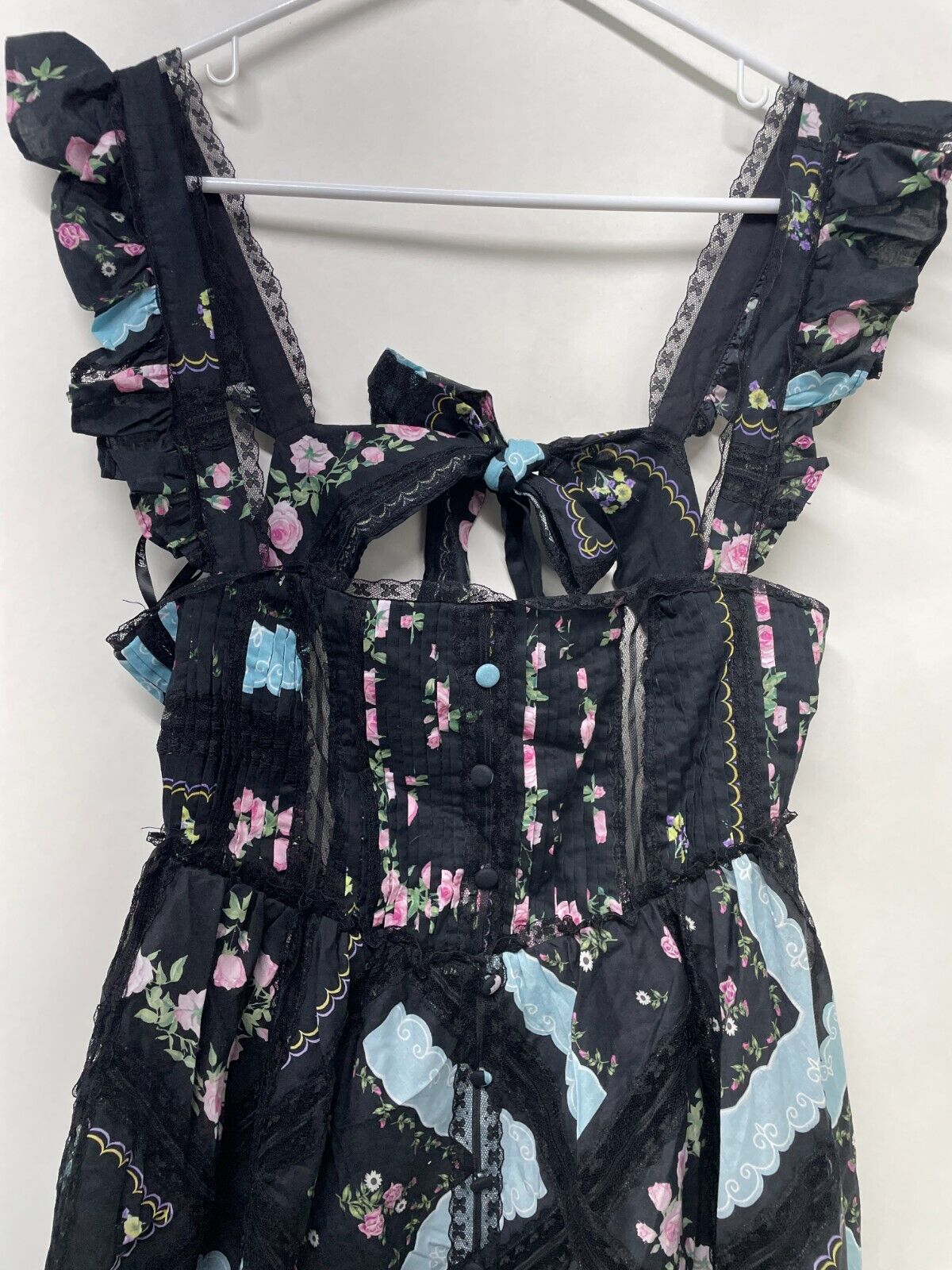 For Love & Lemons Women's L Leanne Mini Dress Black Handkerchief Floral Back-Tie