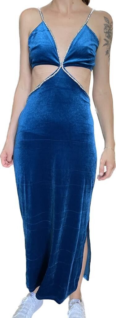 Nasty Gal Womens 6 Velvet Diamante Trim Cut Out Midi Dress Blue High Slit Party