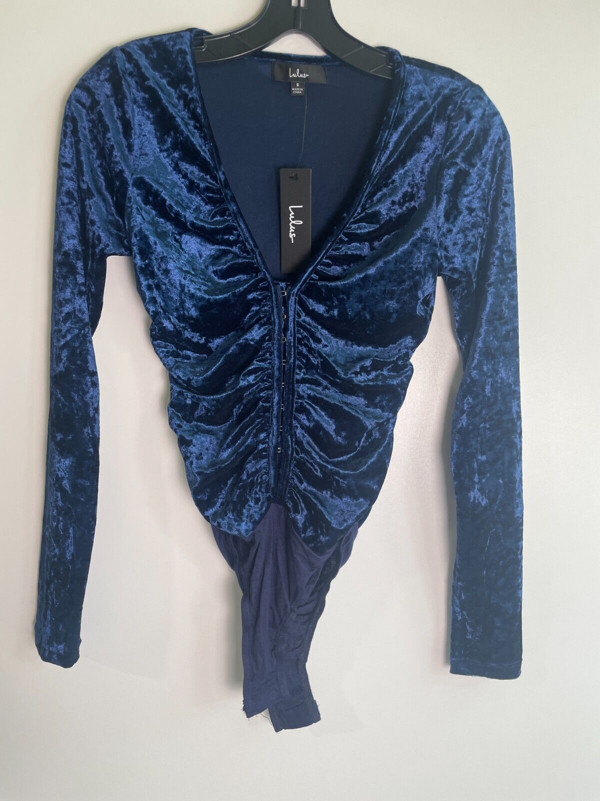 Lulus Womens S Perfectly Pleased Velvet Ruched Long Sleeve Bodysuit Navy Blue