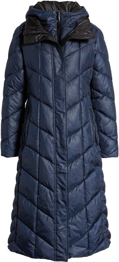 Gallery Womens M Navy Blue Long Hooded Puffer Coat Parka Polyester Fill Quilted