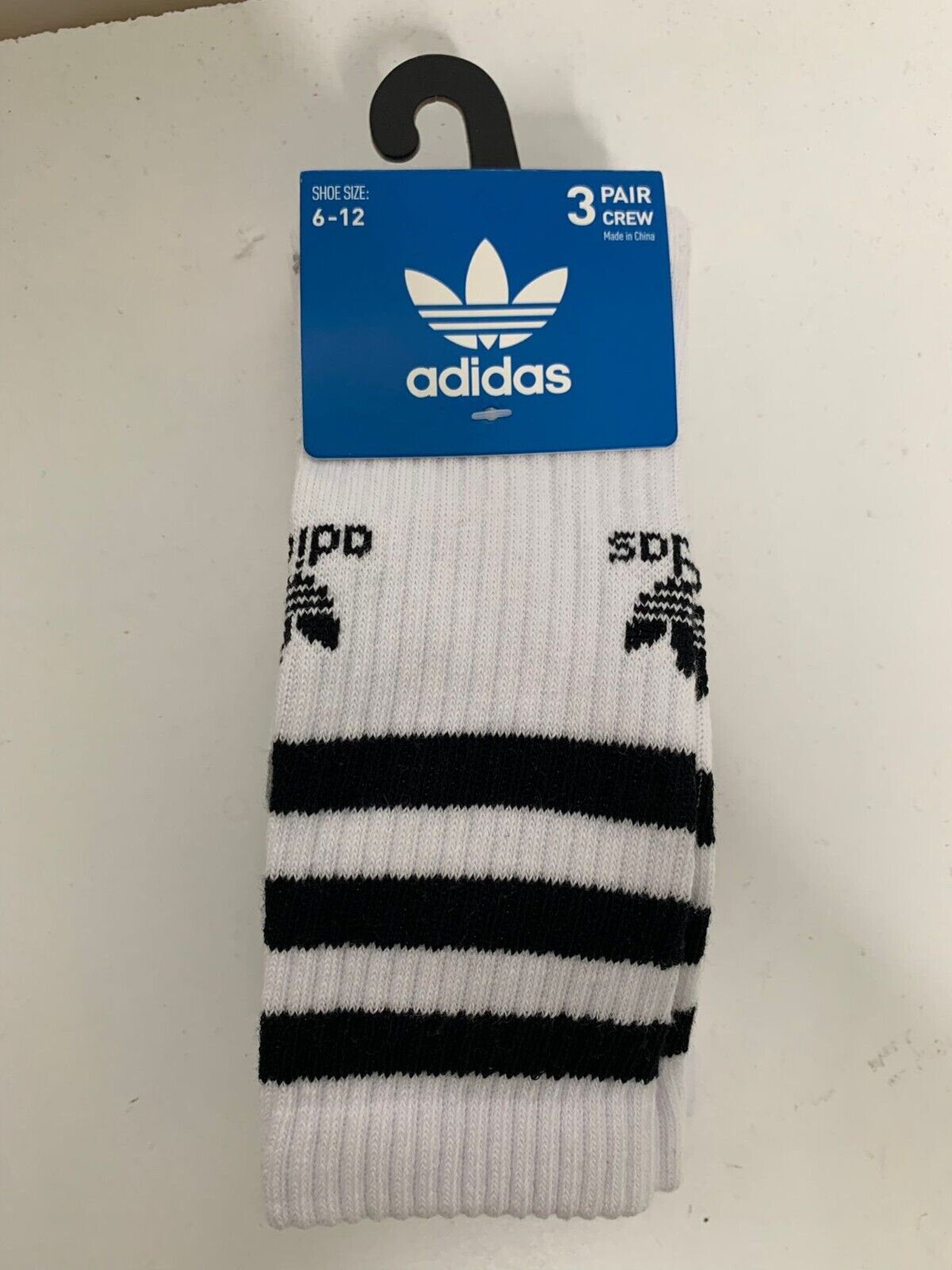 adidas Mens Adult 6-12 Crew Socks Stripe Trefoil 3 Pack Cushioned White Black