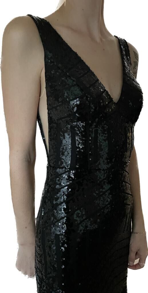 Vnaix Womens 2 Sequin V Neck Sleeveless Ball Gown Black Dress Wedding Train