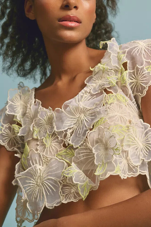 by anthropologie Women XS Sheer Applique Crop Top Floral Ivory Neon Green Blouse
