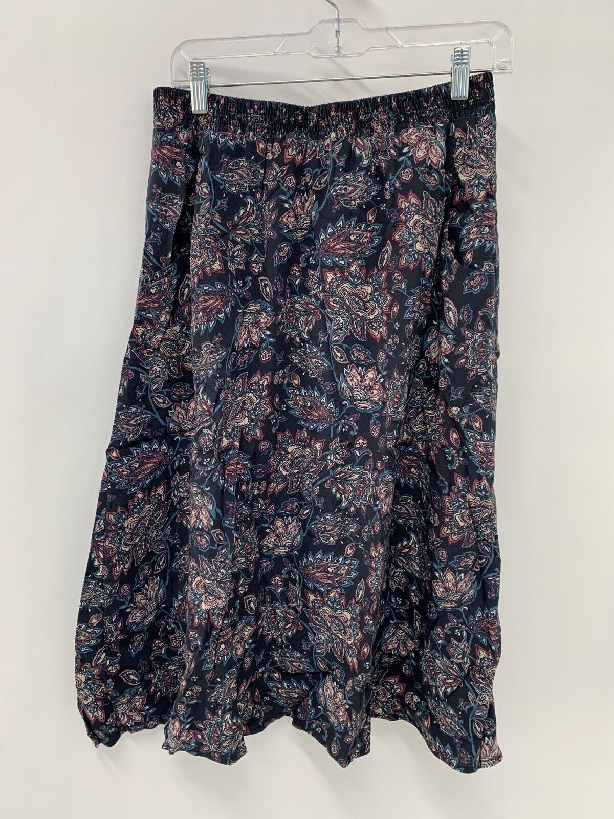 Garnet Hill Womens XS Pocket-Detail Crepe Midi Skirt Floral Paisley Black A Line