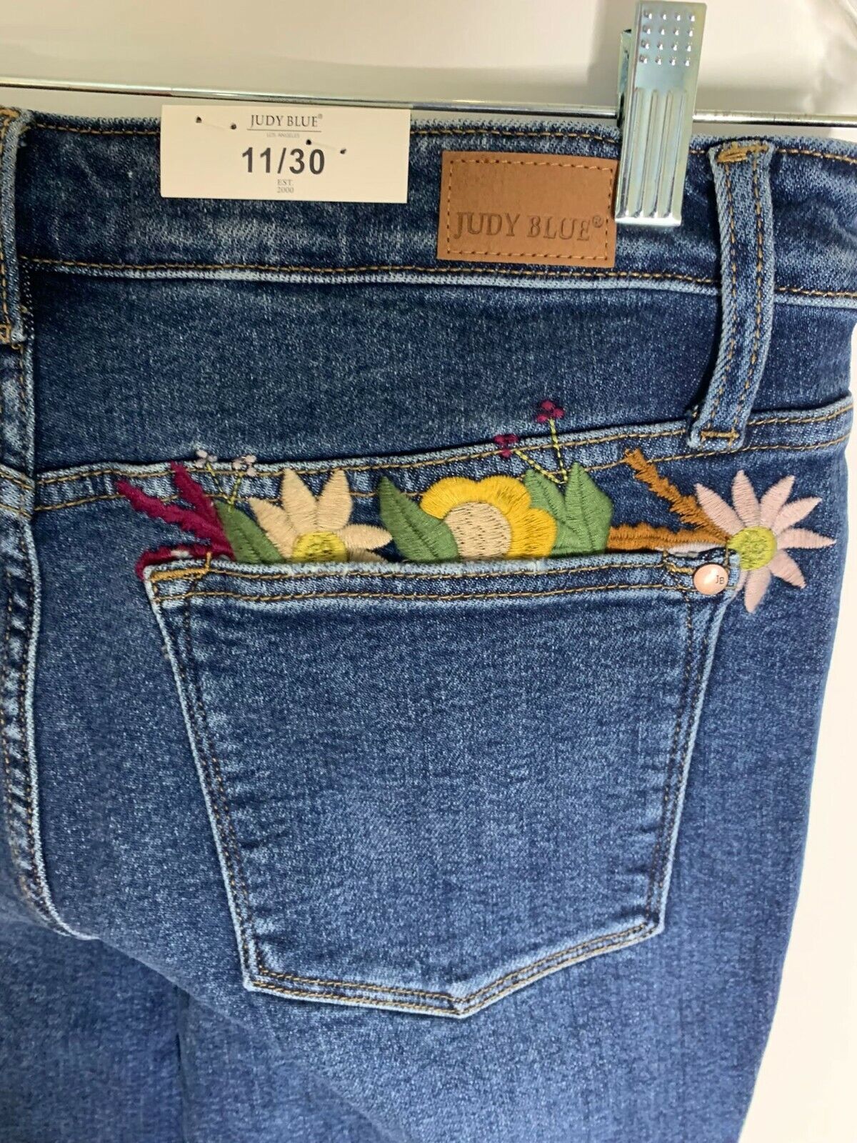 Judy Blue Womens Dark Wash Floral Embroidered Boyfriend Jeans High Rise