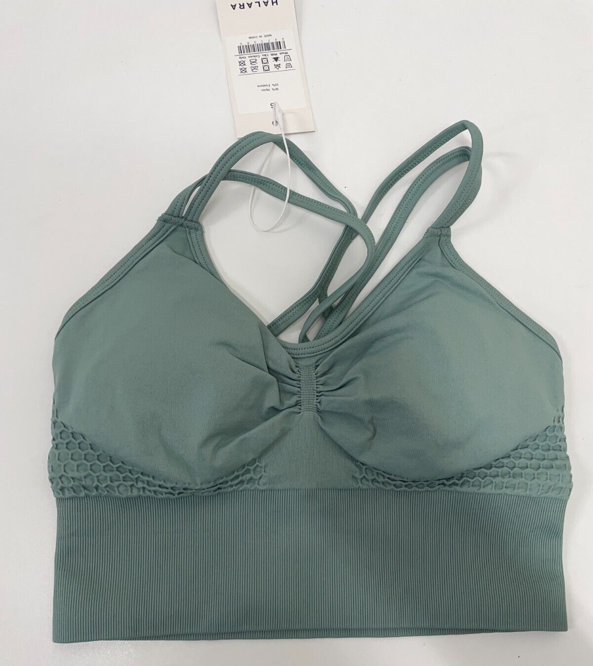 Halara Women's S Seamless Low Support Ruched Crisscross Sports Bra Granite Green