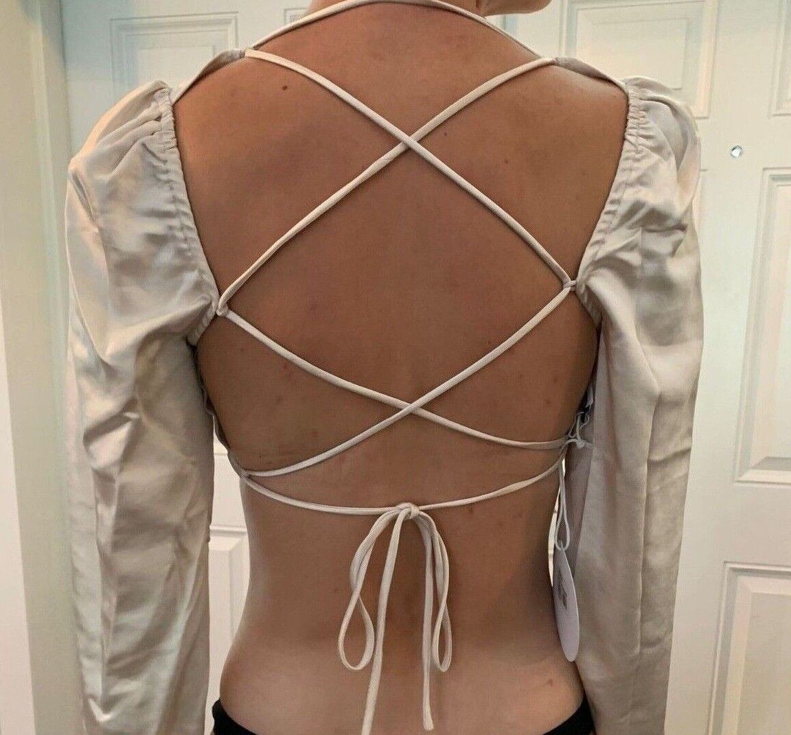 Princess Polly Womens Champagne Satin Dominica Crop Long Sleeve Top Strappy Back