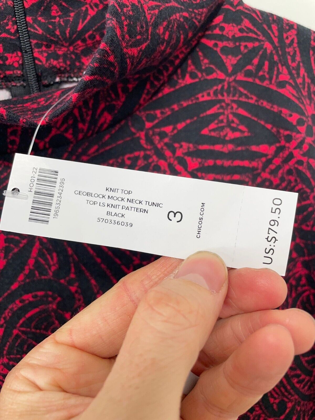 Chico's Womens 3 Pima Geo Print Mock Neck Tunic Top Red Black Long Sleeve