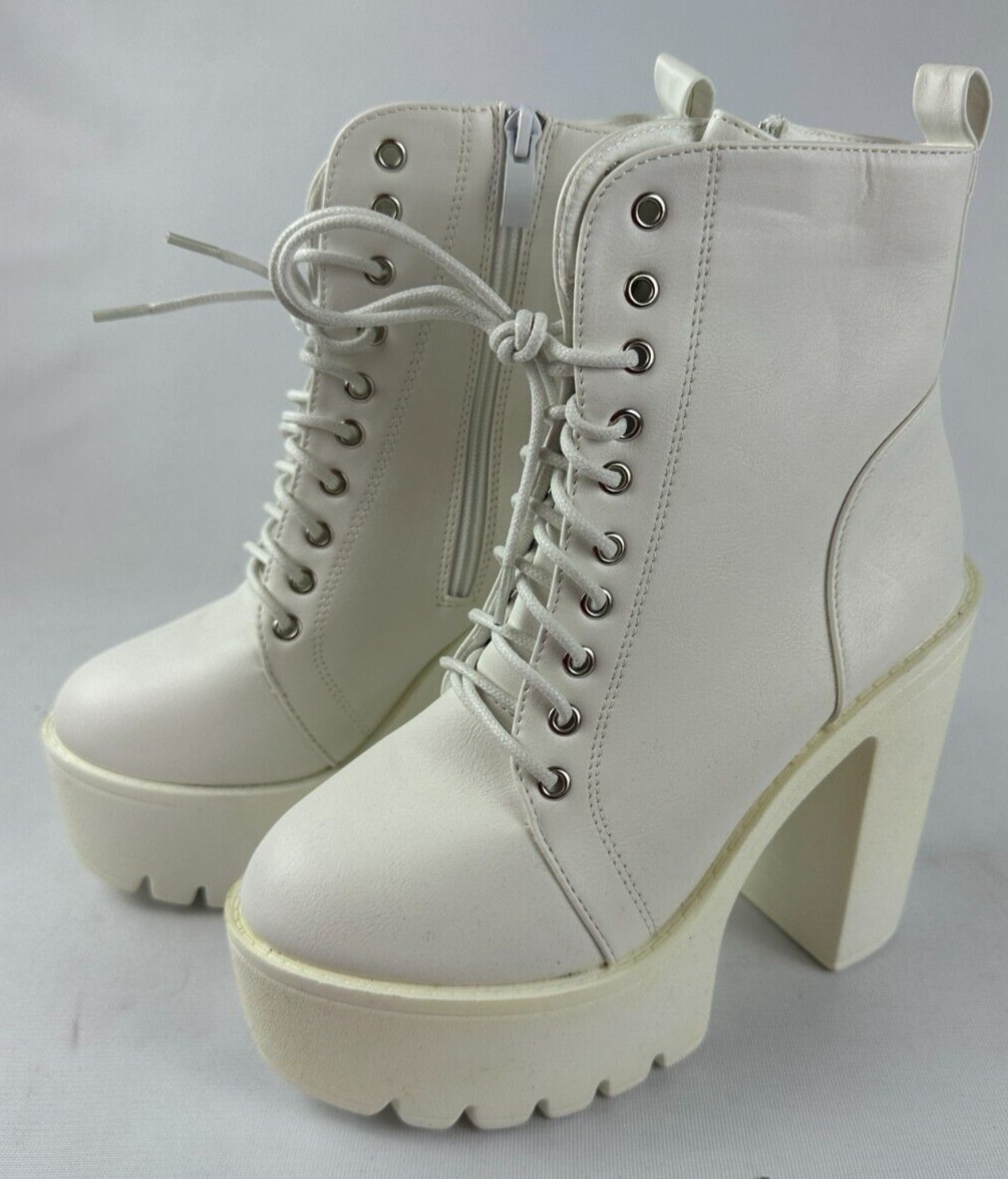 Womens Size 38 White Leather Platform Chunky High Heeled Boots Cosplay Costume