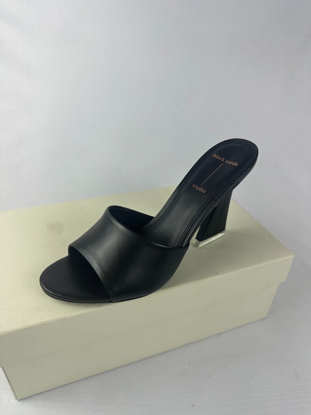 Black Suede Studio Womens 9 Nadya Tilt-Heel Mule Sandals Leather Open Toe