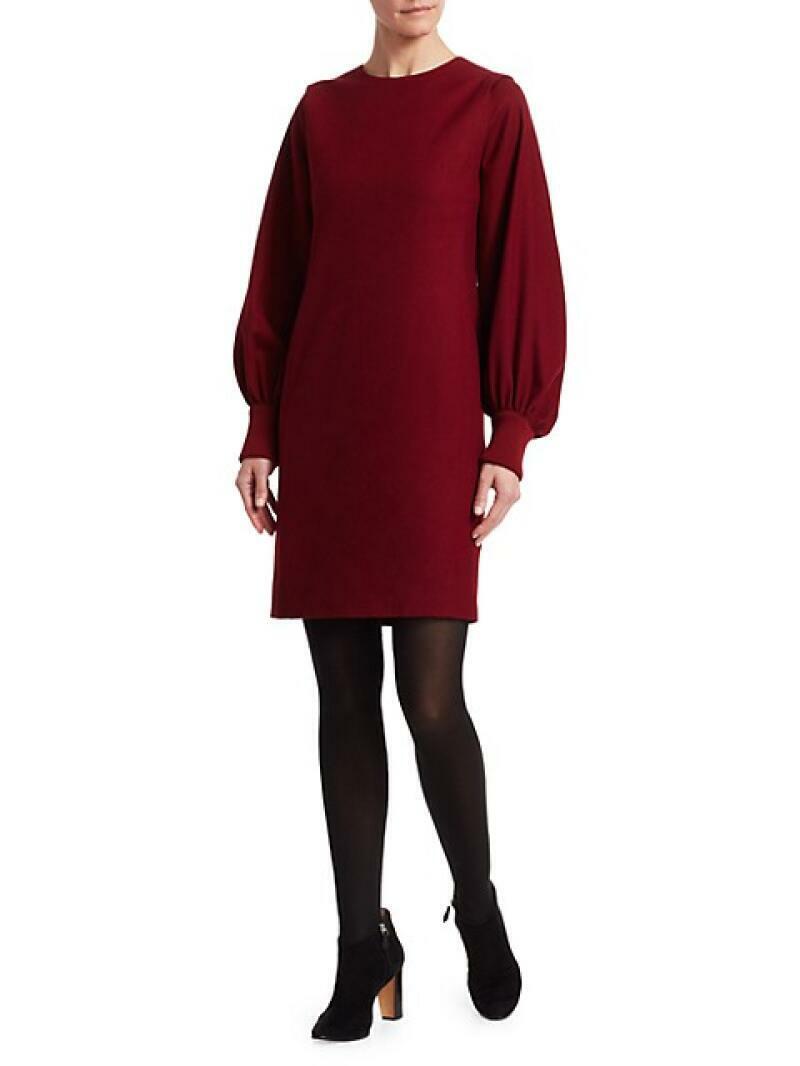 Akris Punto Womens 4 Burgundy Ruby Puff Balloon Sleeve Wool Flannel Shift Dress