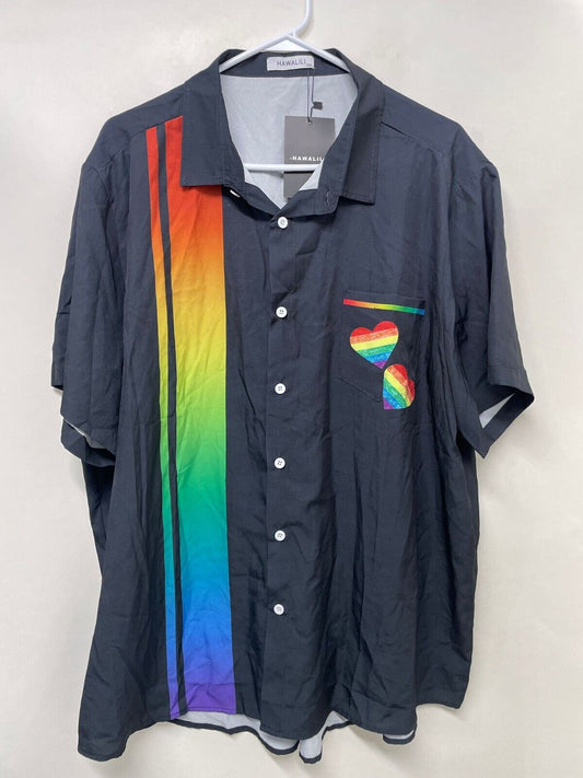 Hawalili Mens 2XL Black Button Down LBGTQ Pride Shirt Rainbow Heart