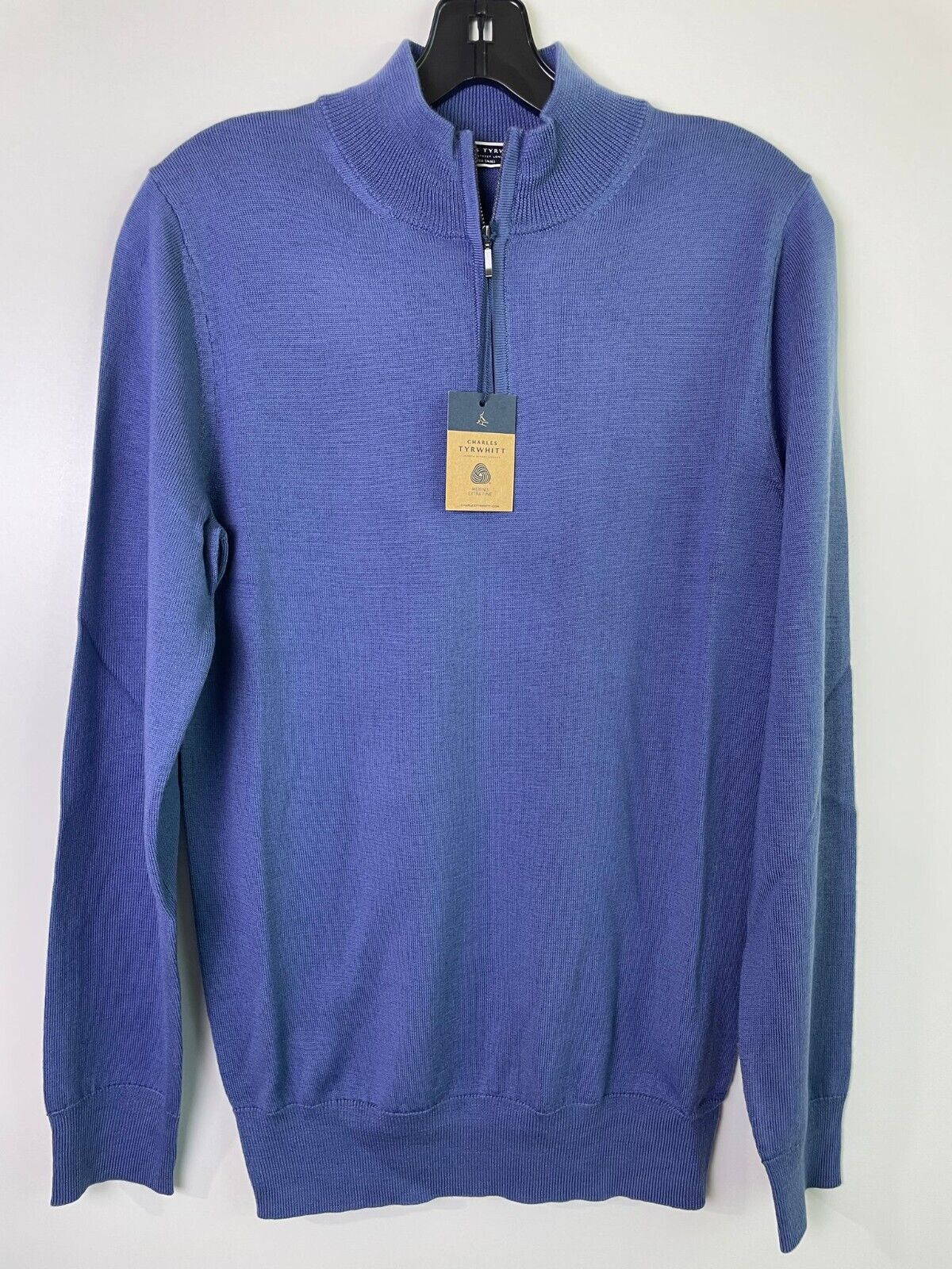 Charles Tyrwhitt Men XS Merino 1/4 Zip Neck Sweater Steel Blue Pullover Wool Pur