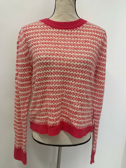 WAYF Womens Pink Waffle Stripe Open Knit Crew Neck Pullover Sweater