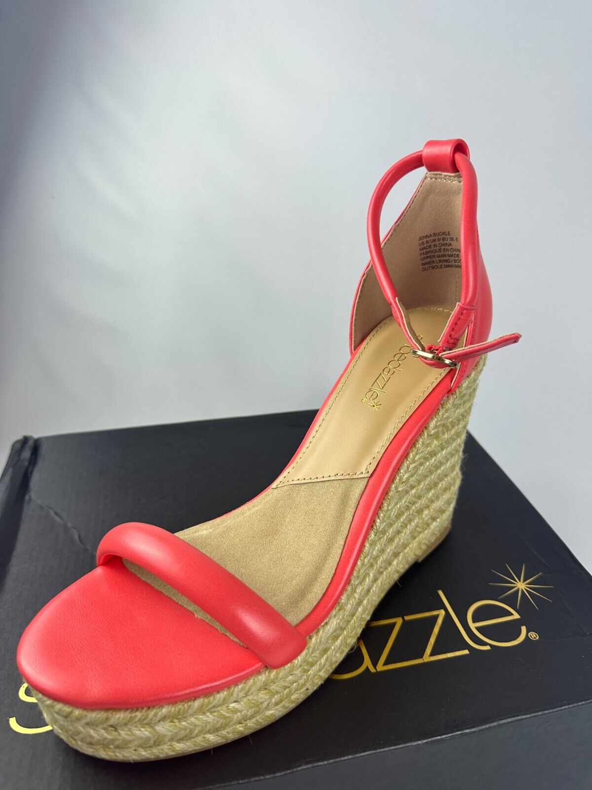 ShoeDazzle Womens 8 Jenna Buckle Hot Coral Espadrille Wedges Sandals Heels