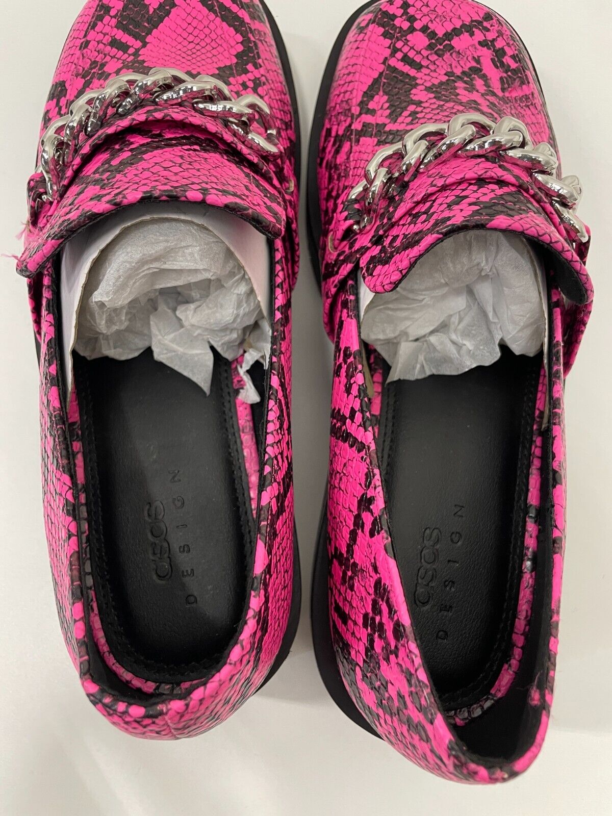 ASOS Womens 7 Melba Shoes Heart Chain Flat Loafers Pink Snake Chunky Slip-on