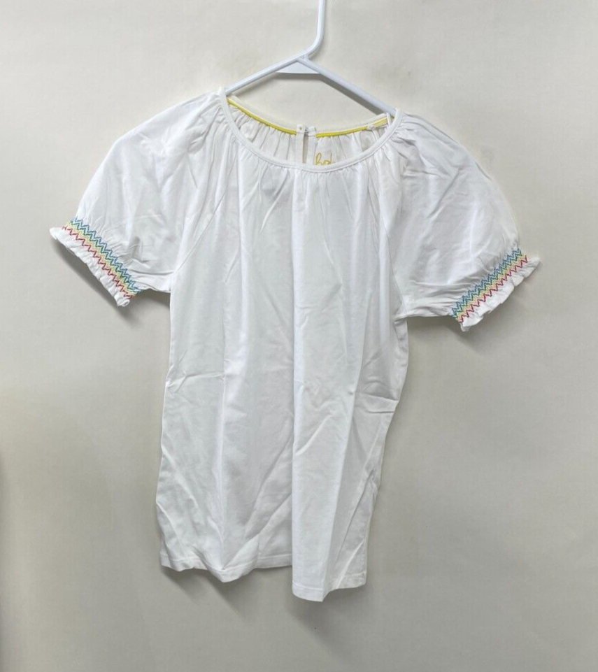 Boden Girls 13/14Y Smocked Raglan T-Shirt White Round Neck Keyhole Back G3218
