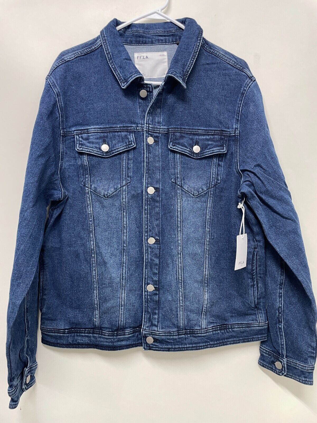 Five Four Mens L Bridge Denim Jacket Dark Indigo Blue Trucker Jean Cotton