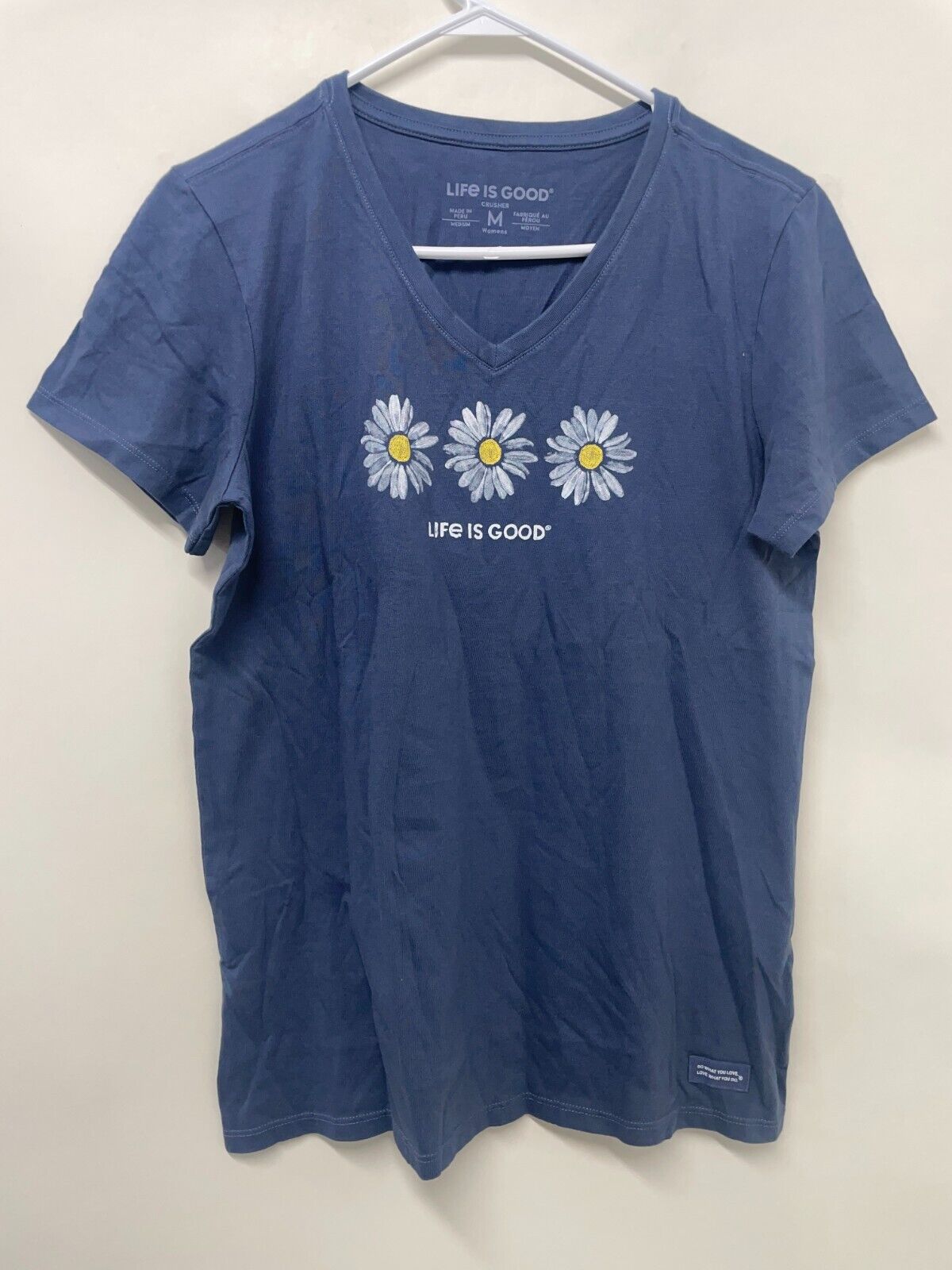 Life is Good Women's M Three Daisies Crusher Vee Tee Blue T Shirt V-Neck NWT