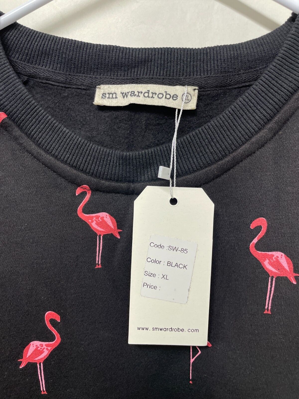 SM Wardrobe Womens XL Flamingo All-Over Print Sweatshirt Black Crewneck SW-85