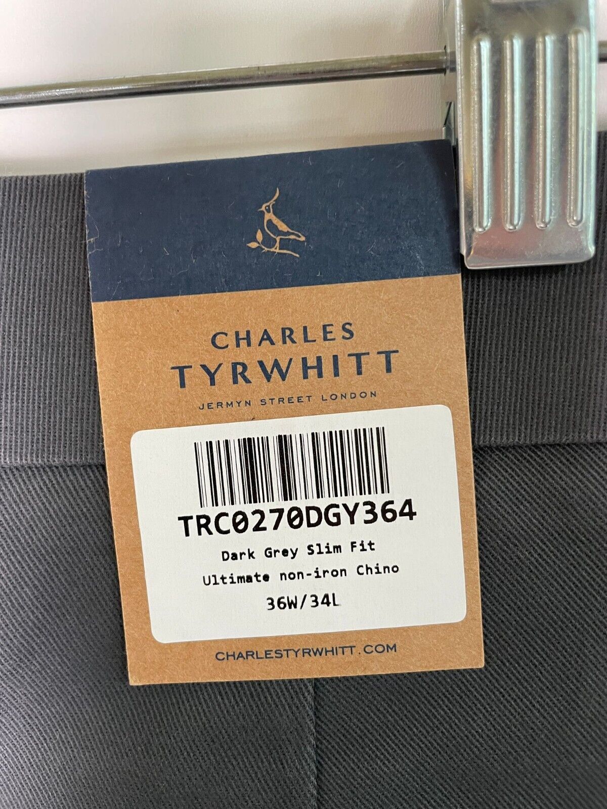 Charles Tyrwhitt Mens 36/34 Ultimate Non-Iron Chino Pant Dark Gray TRC0269DYG