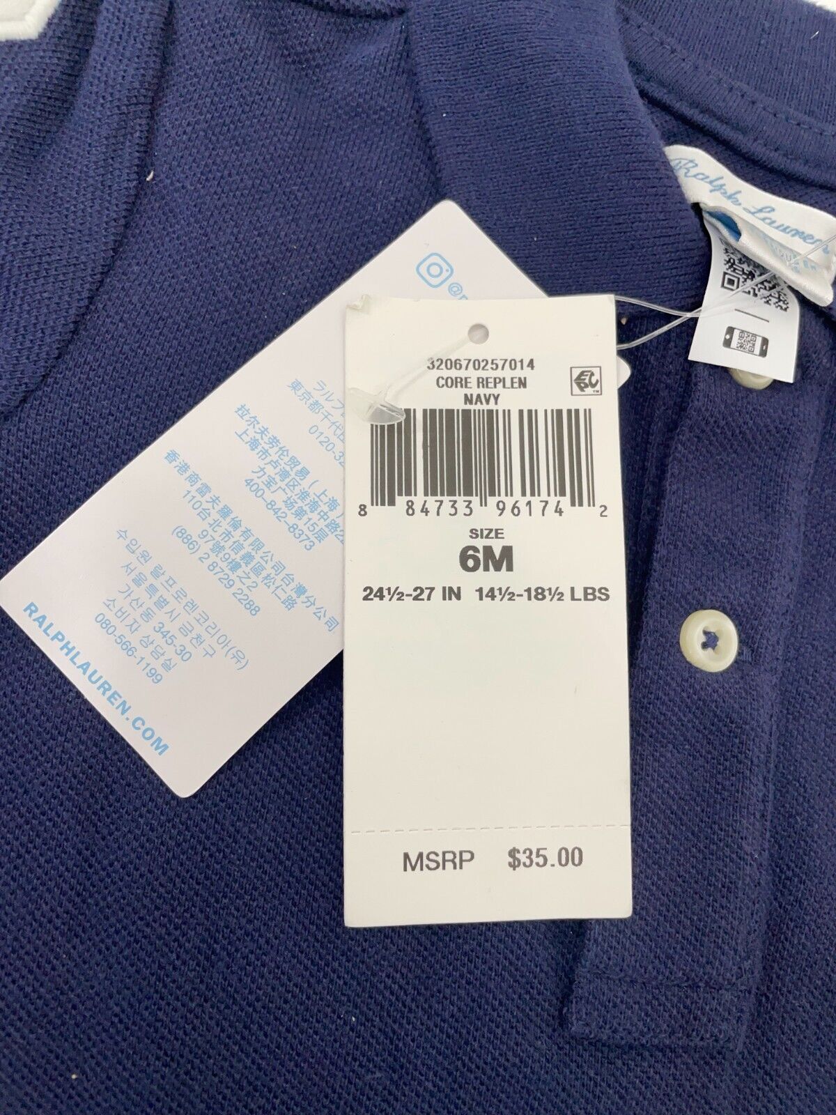 Ralph Lauren Baby 6M Boys' Big Pony Polo Shirt Navy Cotton "3" Patch Embroidered