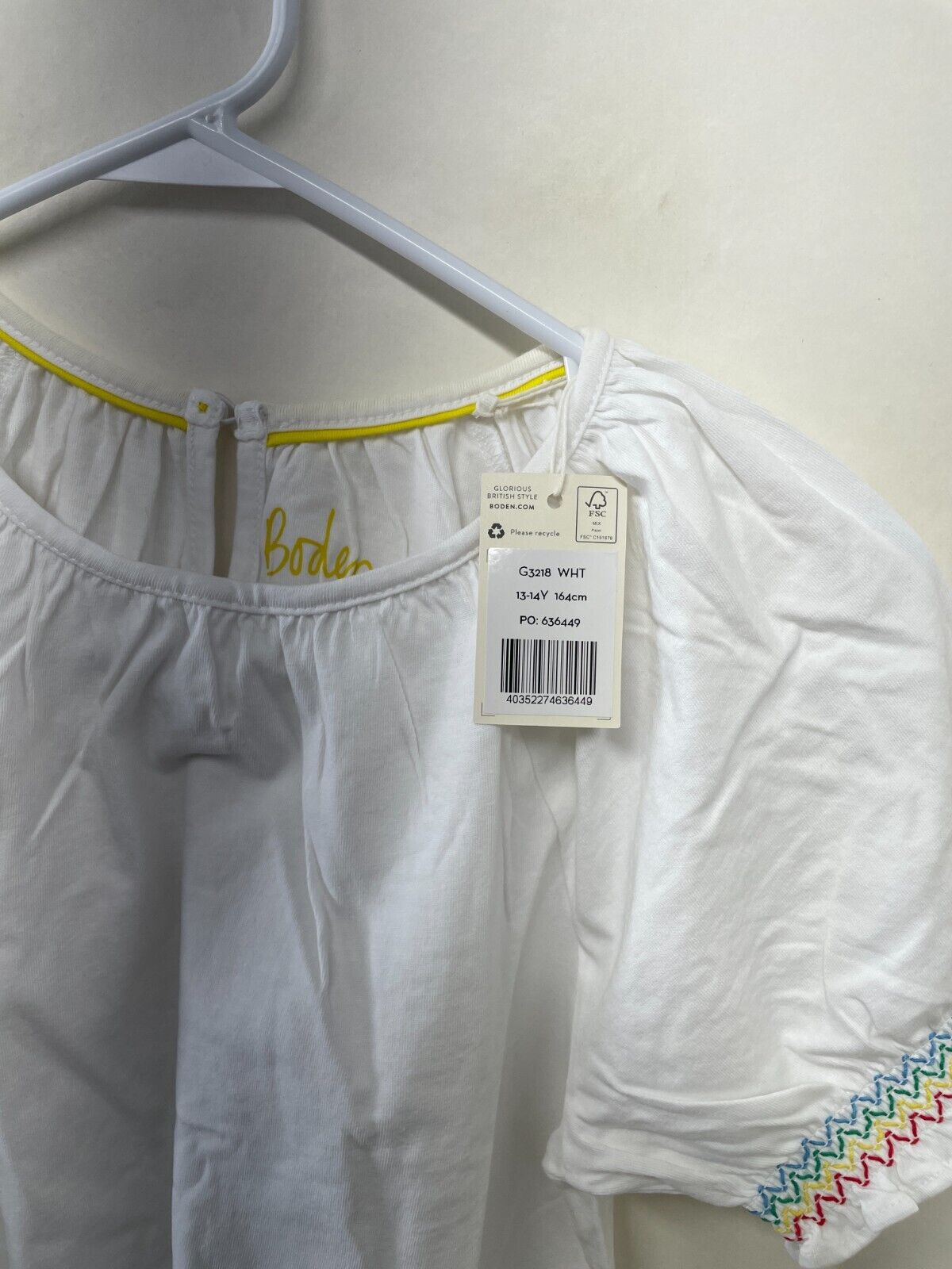 Boden Girls 13/14Y Smocked Raglan T-Shirt White Round Neck Keyhole Back G3218