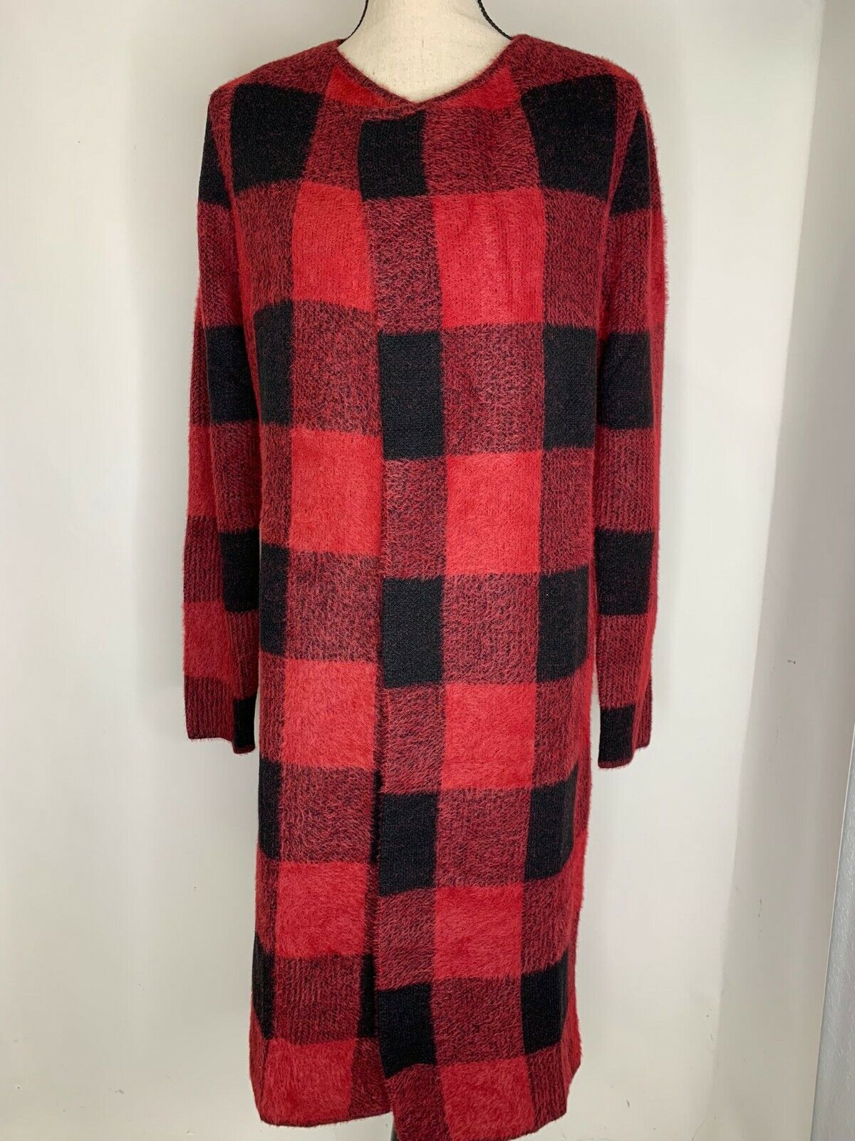 Through the Country Door Womens M Buffalo Plaid Eyelash Sweater Duster Cardigan