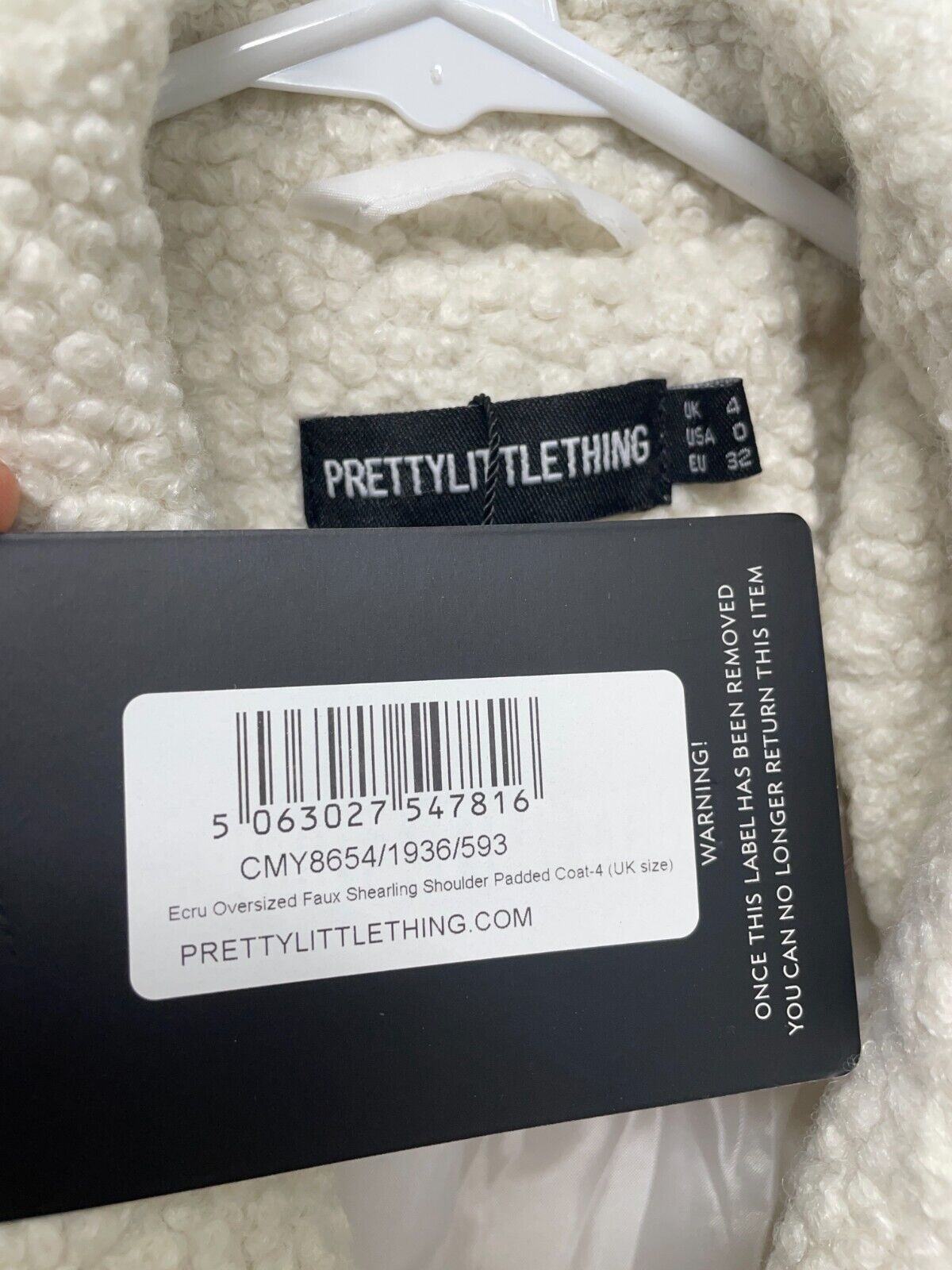 PrettyLittleThing Women's XS Oversized Faux Shearling Shoulder Padded Coat Ecru