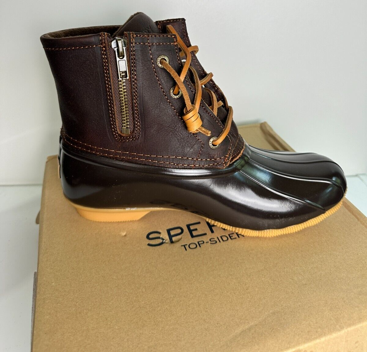Sperry Women's 7M Saltwater Duck Boots Rubber Leather Tan Dark Brown STS91176