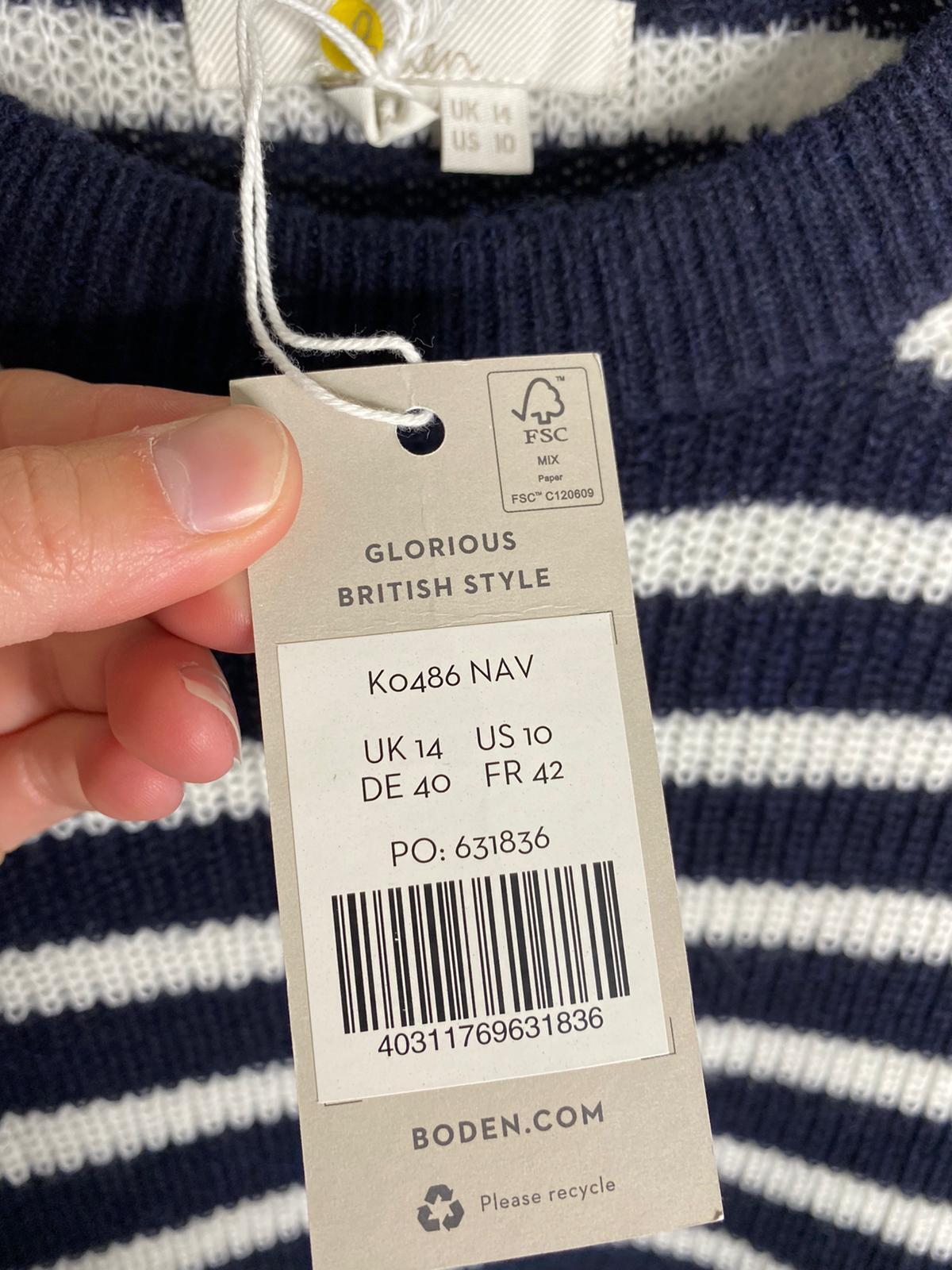 Boden Womens 10 Navy White K0486 Catherine Woven Fluffy Sweater Striped Broderie