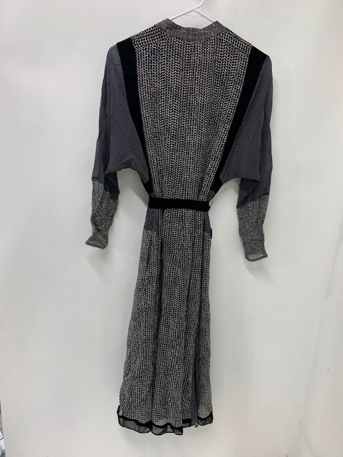 Reiss Womens 4P Tanis Mixed-Print Midi Dress Belted Black White Chiffon L/S