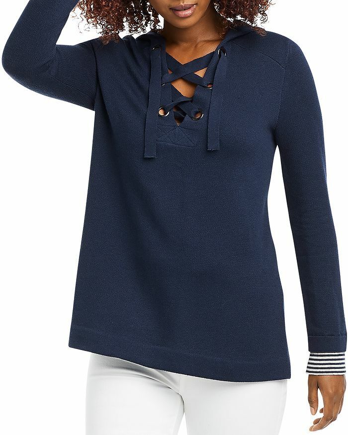 Nic + Zoe Womens XS Dark Indigo Navy Lace-Up Hoodie Sweater Pullover