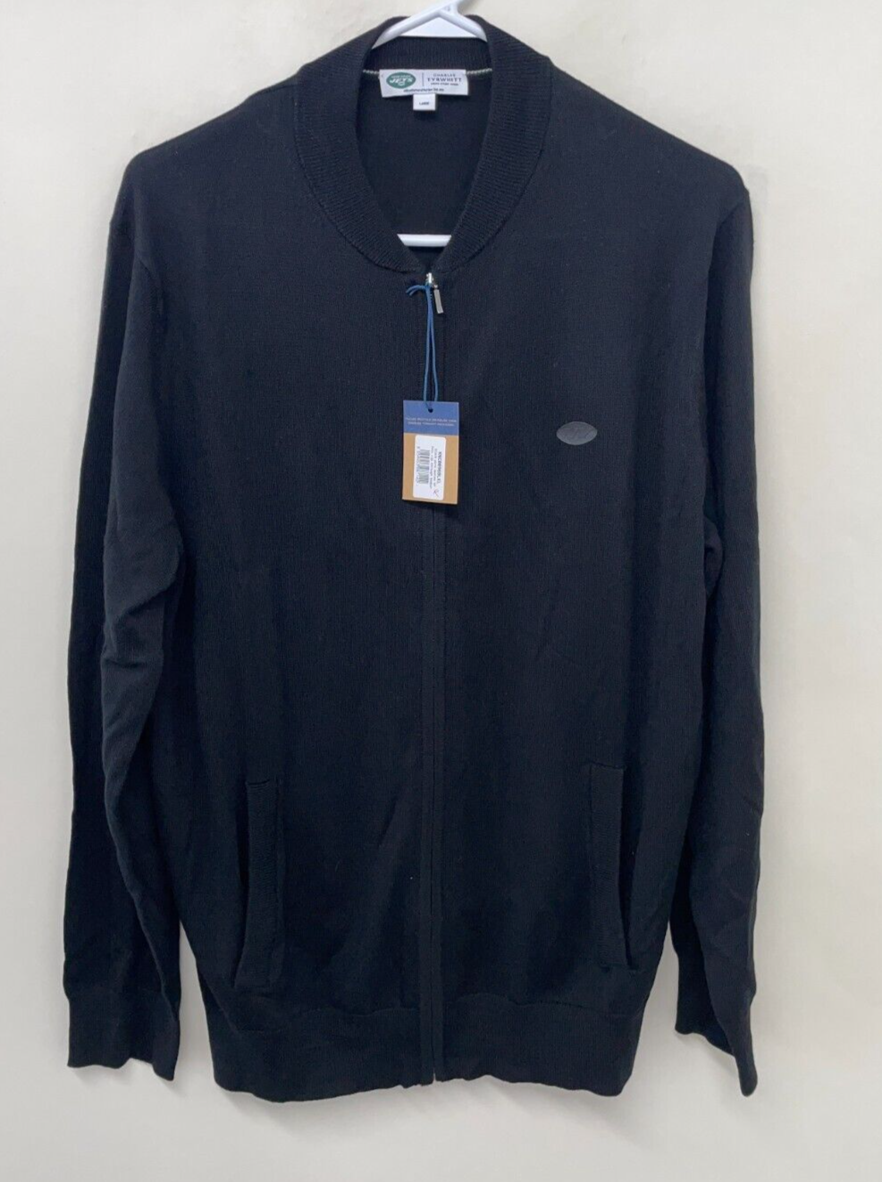 Charles Tyrwhitt Mens L New York Jets Merino Wool Full-Zip Sweater Black Bomber